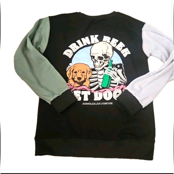 Assholes Live Forever Unisex "Drink Beer Pet Dogs" Crew Neck Sweater S - Picture 1 of 6